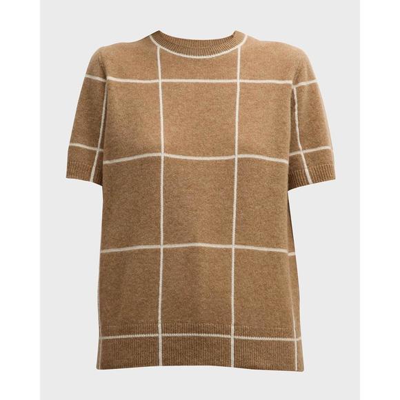 NEW LAFAYETTE 148 cashmere grid intarsia short-sleeve pullover in camel multi - Picture 3 of 3
